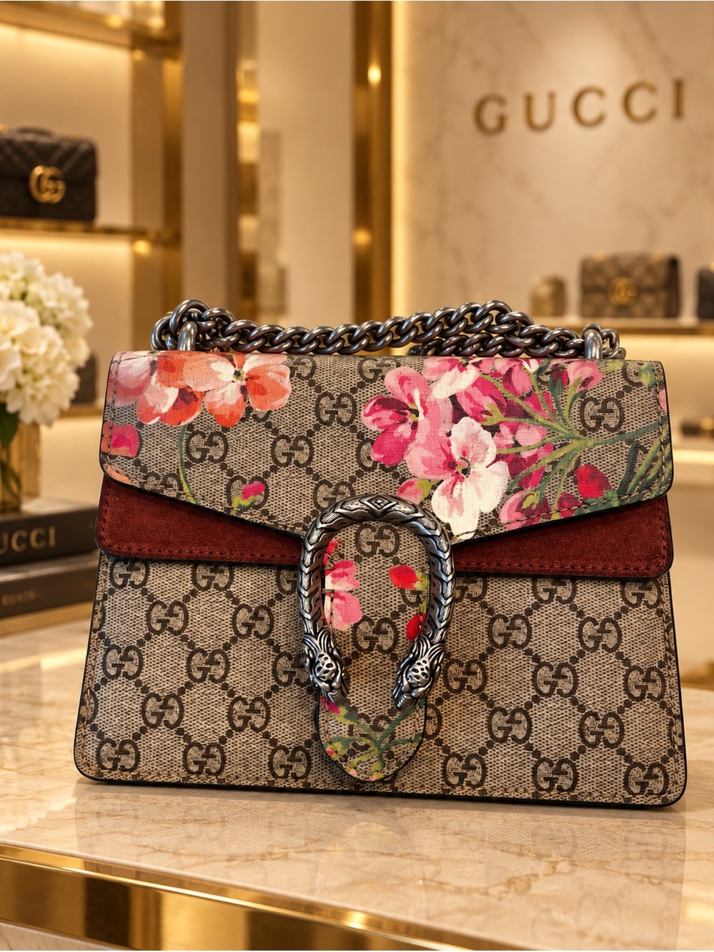 Gucci Dionysus Mini GG Blooms Floral Print Canvas Burgundy Suede Chain Bag